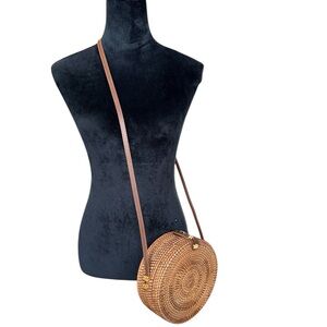 Wicker Round Rattan Woven straw bag Crossbody Purse Brown
